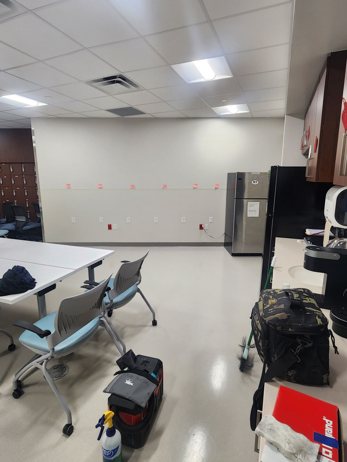 Commercial break room wall with appliance circuits and receptacles